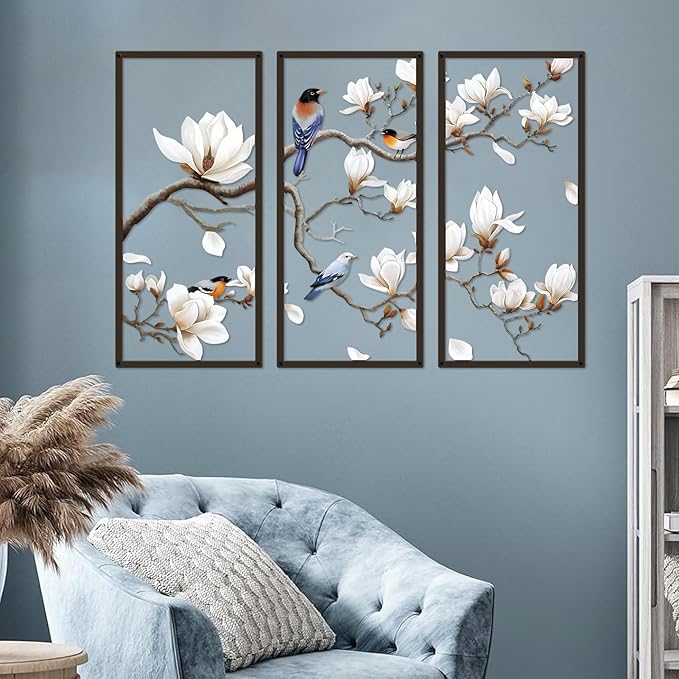 ShxTrade Metal Birds Wall Art, Large Metal Wall Art Vivid Bird on Tree Branch Silhouette Art Decor White Magnolia Tree Wall Sculpture for Home Living Room Garden Bedroom