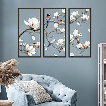 ShxTrade Metal Birds Wall Art, Large Metal Wall Art Vivid Bird on Tree Branch Silhouette Art Decor White Magnolia Tree Wall Sculpture for Home Living Room Garden Bedroom