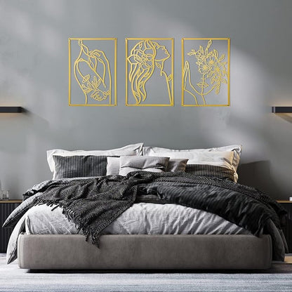 AGIOTA 3 Pcs Gold Wall Decor Above Bed Minimalist for Living Room Metal Line Art - Female Body, Gold Room Decor for Bedroom Modern Wall Art for Indoor 15inch