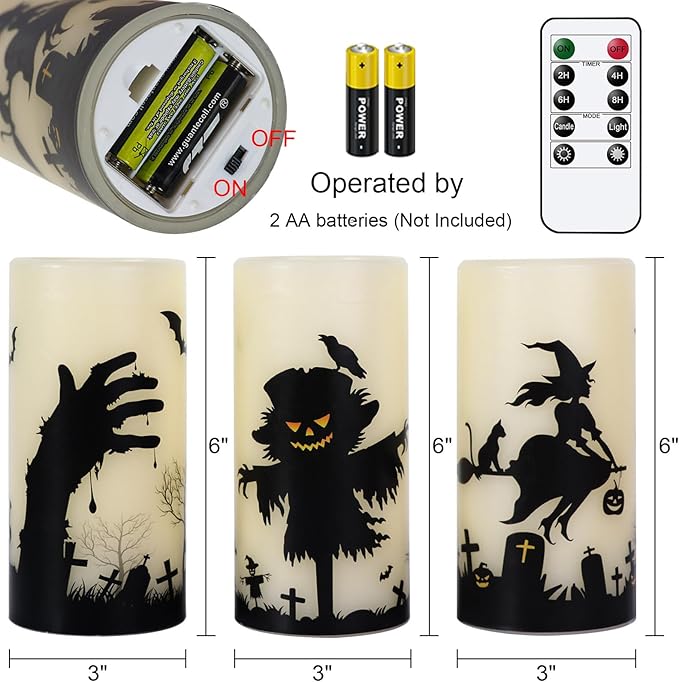 Halloween LED Flameless Pillar Candles Battery Operated Remote and Timer Real Wax Yellow Light Flickering Scarecrow Witch Ghost Hand Decals Halloween Candles Decoration Gifts(3 x 6 Inches)