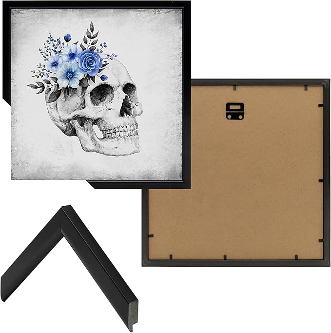 KREATIVE ARTS 4-Piece Gothic Skull Canvas Wall Art Set with Black Frame, 12x12 Each, Grey and Blue Floral Skeleton Anatomy Prints Framed Artwork Ready to Hang