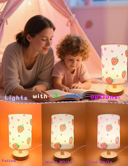 Strawberry Lamp, Strawberry Room Decor for Girls,3 Color Changing LED Night Light with 9 Brightness Levels Wood Nightstand Desk Base Flaxen Fabric Shade for Bedroom Living Room (Pink strawberry)