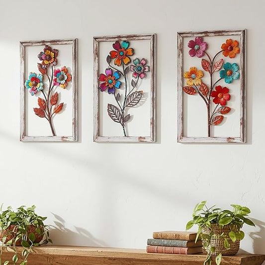 3 Pieces Metal Flowers Wall Art, 3D Boho Flower Wall Decor, Rustic Flower Wall Decor Boho Floral Bathroom Decor Metal Wall Art for Living room,Bedroom,Bathroom and Dining Room, Housewarming Gift