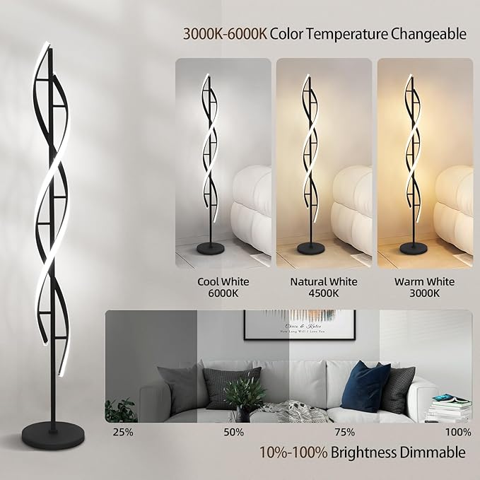ADISUN 40W LED Floor Lamp Remote Control Dimmable Spiral Floor Lamp Indoor Tall Lamp Floor Lamps for Living Rooms Family Rooms Bedrooms Offices Lighting (Black)