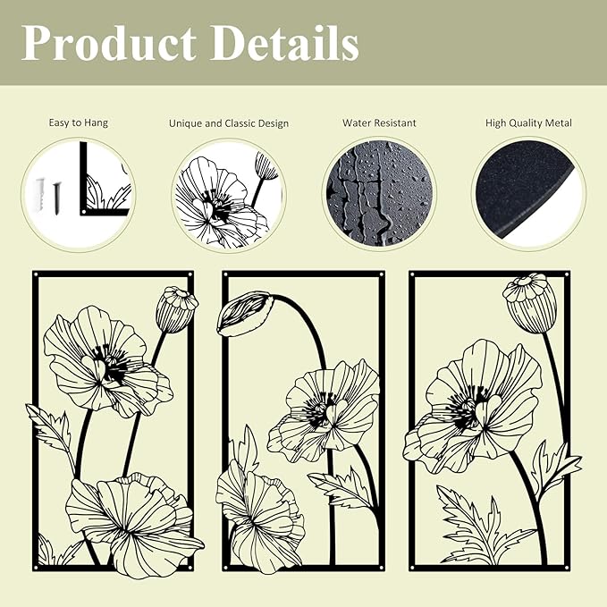 Resama 3 Pcs Black Metal Flowers Wall Decor, Minimalist Abstract Wall Art Modern Floral Line Wall Sculpture Hanging for Bedroom Bathroom Kitchen