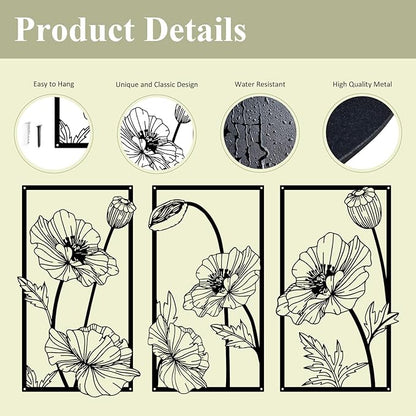 Resama 3 Pcs Black Metal Flowers Wall Decor, Minimalist Abstract Wall Art Modern Floral Line Wall Sculpture Hanging for Bedroom Bathroom Kitchen