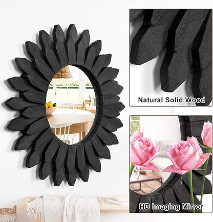 Emfogo Wall Mirror 12 inch Rustic Wood Sunburst Boho Mirror Farmhouse Wall Decor Room Decor Home Decor for Bedroom Living Room Entryway (Vintage Black)