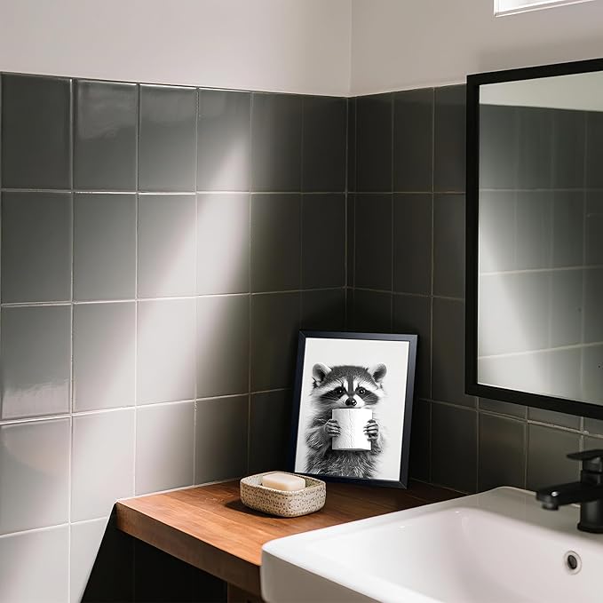 XYHYRA Bathroom Wall Art, Cute Black and White Raccoon Canvas Prints Poster, Funny Animal Decor Oil Painting, Modern Farmhouse Picture Artwork for Bathroom Toilet Wall Decor 8x10 Inch Framed