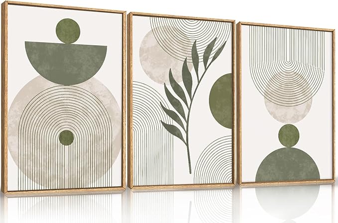 DRACIT Large Sage Green Boho Framed Canvas Wall Art Set,Abstract Modern Beige Green Arch Wall Decor,Minimalist Leaf Lines Artwork for Living Room,Bedroom,Office-24 x36 x3