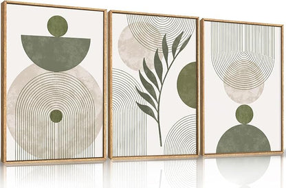 DRACIT Large Sage Green Boho Framed Canvas Wall Art Set,Abstract Modern Beige Green Arch Wall Decor,Minimalist Leaf Lines Artwork for Living Room,Bedroom,Office-16 x24 x3