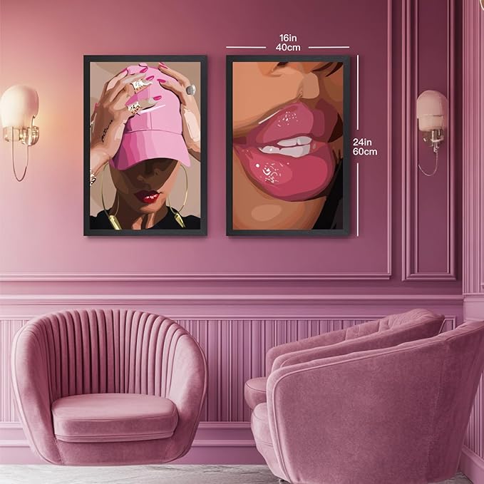 Hianan Fashion Black Girl Canvas Wall Art Modern Trendy African American Black Woman Poster Prints Pink Abstract Black Girl Aesthetic Pictures for Living Room Wood Framed Ready to Hang 16"x24"x3