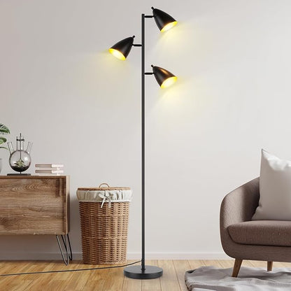 LALISU Tree Floor Lamp for Living Room, Industrial 3-Light Standing Lamp with 3 LED Bulbs, Adjustable Rotation Heads, Standing Tall Pole Lamp Farmhouse Rustic Reading Lamps for Bedroom Office (Black)