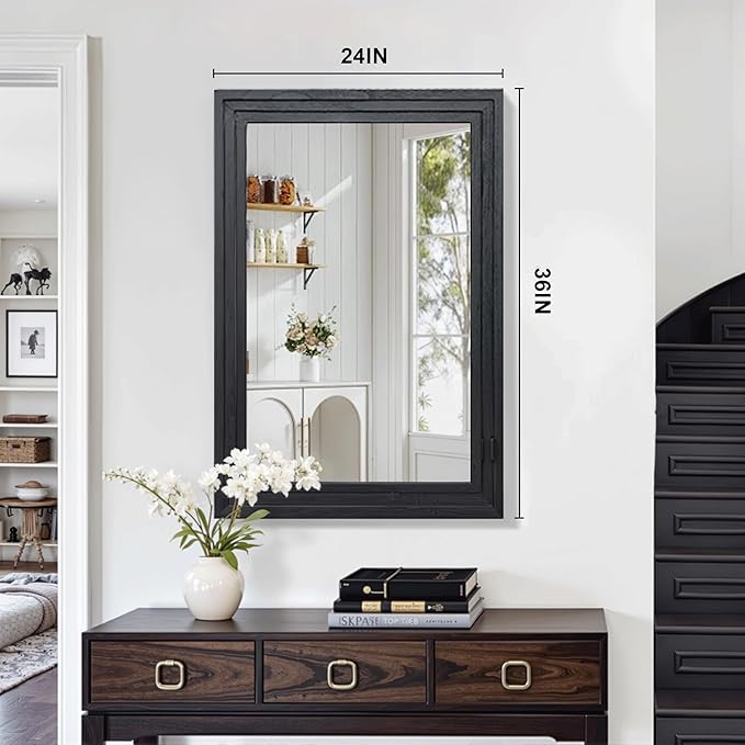 Wood Framed Mirrors for Wall, Black Bathroom Vanity Mirror for Over Sink 24 x 36, Vintage Wall Mirror for Bathroom Sink Hallway Entryway Bedroom Living Room Farmhouse Boho Style