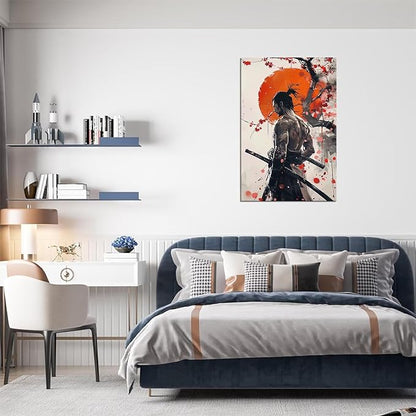 Japan Warrior Wall Art Armored Samurai Painting Canvas Prints Asian Cherry Blossom Picture Modern Watercolor Painting for Bedroom Living Room Office Home Decoration Framed (18''W x 24''H)
