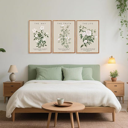 Aurlan The Way The Truth The Life Bible Verse Framed Wall Art(24"x36"), 3PCS Boho Christian Scripture Canvas Artwork, Large Floral Botanical Job 23:11 Psalm 43:3 John 14:6 Decor for Home Bedroom