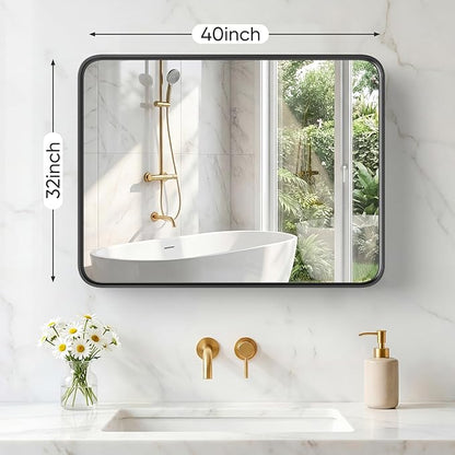 NEWBULIG 32X40 Inch Bathroom Mirror for Over Sink, Wall Vanity Mirrors Tempered Glass, Anti-Rust Metal Framed Rounded Rectangle, Hangs Horizontally or Vertically, Farmhouse Home Decor, Black