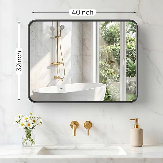 NEWBULIG 32X40 Inch Bathroom Mirror for Over Sink, Wall Vanity Mirrors Tempered Glass, Anti-Rust Metal Framed Rounded Rectangle, Hangs Horizontally or Vertically, Farmhouse Home Decor, Black