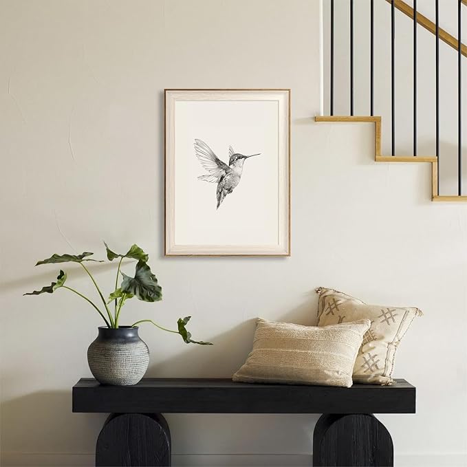 ASTRDECOR Hummingbird Wall Art Prints – Vintage Black and White Bird Sketch Painting Picture, Rustic Neutral Decor Canvas Wall Decor for Modern Home and Bedroom Decoration – Framed 12''x16''