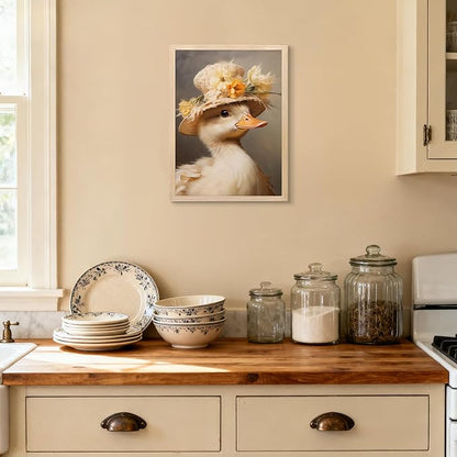Framed Duck Canvas Wall Art, Vintage Cute Duck Pictures Kitchen Wall Decor, Cottagecore Animal Paintings Prints, Country Aesthetic Artwork for Living Room Bathroom Bedroom Nursery 8x10 inch
