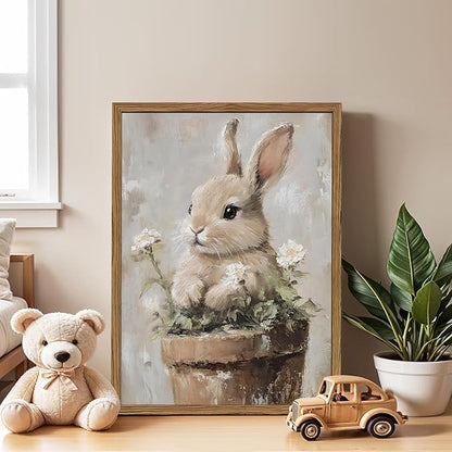 Framed Vintage Easter Bunny Wall Art, Cute Cottagecore Rabbit Floral Pictures Wall Decor, Spring Farmhouse Animal Paintings Prints Rustic Home Decor for Living Room Bedroom Nursery 16x24 inch