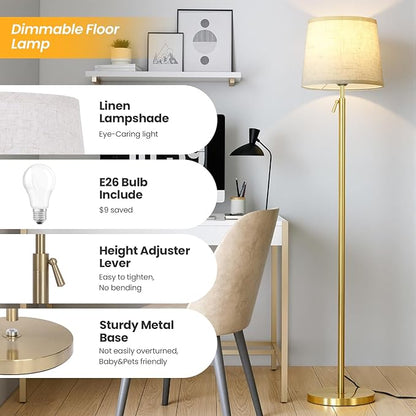 Modern Floor Lamp for Living Room and Bedroom- 55"-67" Height Adjustable Standing Lamps with Dimmable LED Bulb and Remote Control-Bright Tall Stand Light with Shade for Corner Lighting （Gold）