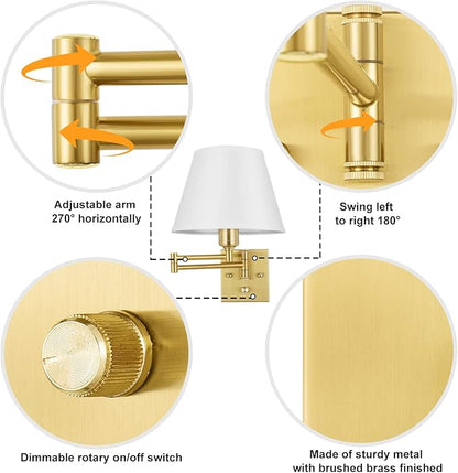 TRLIFE Wall Sconce Plug in, Brushed Brass Dimmable Wall Sconces Set of 2 Swing Arm Wall Lights with Plug in Cord and Dimmer On/Off Knob Switch, 9.4" Medium White Fabric Shade(2 LED Bulbs Included)