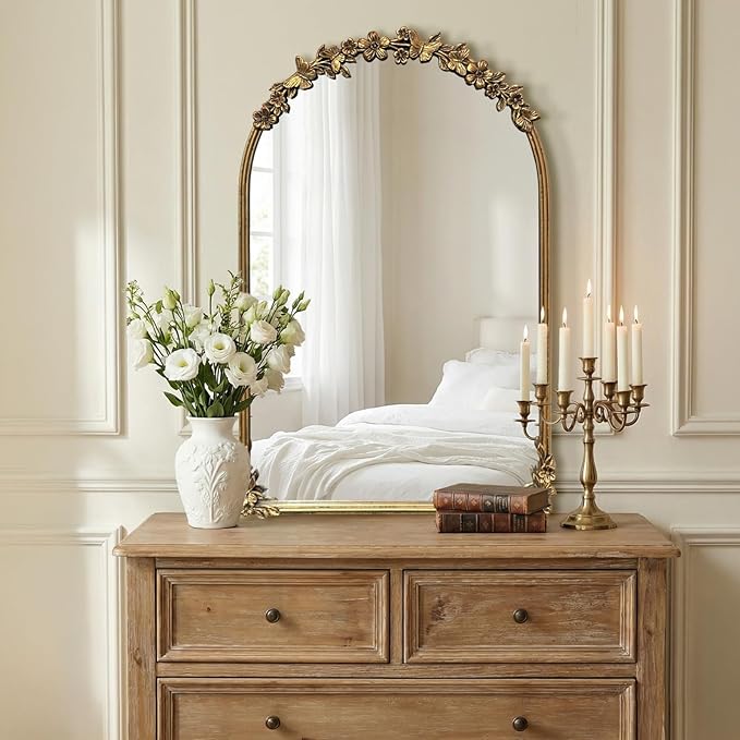 Antique Baroque Vintage Vanity Mirror 36x23Inch, Gold with Ornate Antique Frame, Arched Vintage Wall Mirror for Living Room, Fireplace, Entryway (Golden (Arched 4), 36"L x 23"W（Vertical ）)