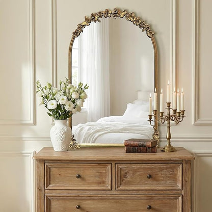 Antique Baroque Vintage Vanity Mirror 36x23Inch, Gold with Ornate Antique Frame, Arched Vintage Wall Mirror for Living Room, Fireplace, Entryway (Golden (Arched 4), 36"L x 23"W（Vertical ）)