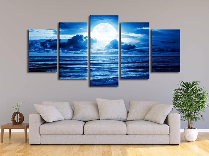 Pyradecor Extra Large Blue Clouds 5 Panels Moon Sea Beach Canvas Wall Art Modern Landscape Canvas Prints Pictures Artwork for Living Room Bedroom Home Decorations