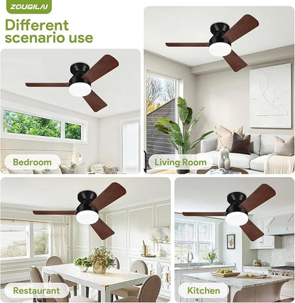 35" Black&Wood Ceiling Fans with Lights and Remote, Low Profile Ceiling Fan with Light, Reversible DC Motors, 3CCT Dimmable Timer Noiseless, Flush Mount Ceiling Fan for Bedroom/Living Room