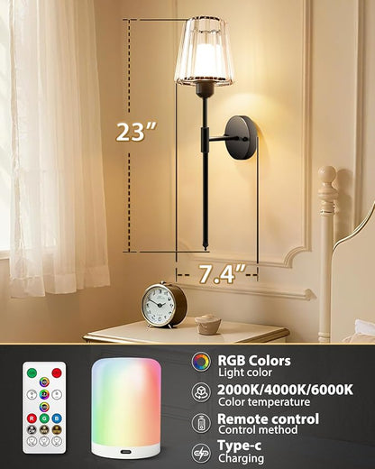 Adetu Crystal Battery Operated Wall Sconce Set of 2, Gold Rechargeable Wall Sconce with 10000mAh Magnetic Bulbs and Remote Control, RGB Dimmable Wireless Battery Wall Lights for Bedroom Living Room