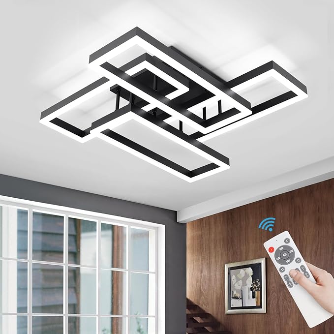 EIDISUNY Modern Led Ceiling Light for Living Room,Black Flush Mount Ceiling Lights with Remote Control&APP，3000-6500K Dimmable, 54W Acrylic Ceiling Lamp for Bedroom Kitchen Dining Room