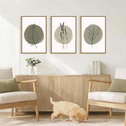 HOURIA Spring Sage Green Leaves Framed Canvas Wall Art Set,Minimalism Boho Leaf Wall Decor, Modern Nature Botanical Wall Painting,Mid Century Plant Art Prints for Living Room,Bedroom,Farmhouse-24"x36"x3