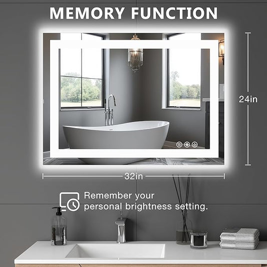 DUMOS 24.1"x32.1" LED Bathroom Mirror, Smart Anti-Fog Bathroom Vanity Mirror with Front Light & Backlit, 3 Color Temperatures, Dimmable, Memory Function