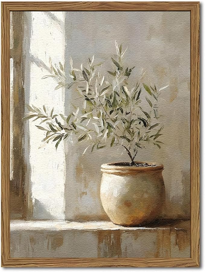 Framed Vintage Olive Tree Wall Art, Textured Sandstone Botanical Pictures Wall Decor, Rustic Neutral Potted Plant Paintings Prints Aesthetic Farmhouse Home Decor for Living Room Bedroom 12x16 inch