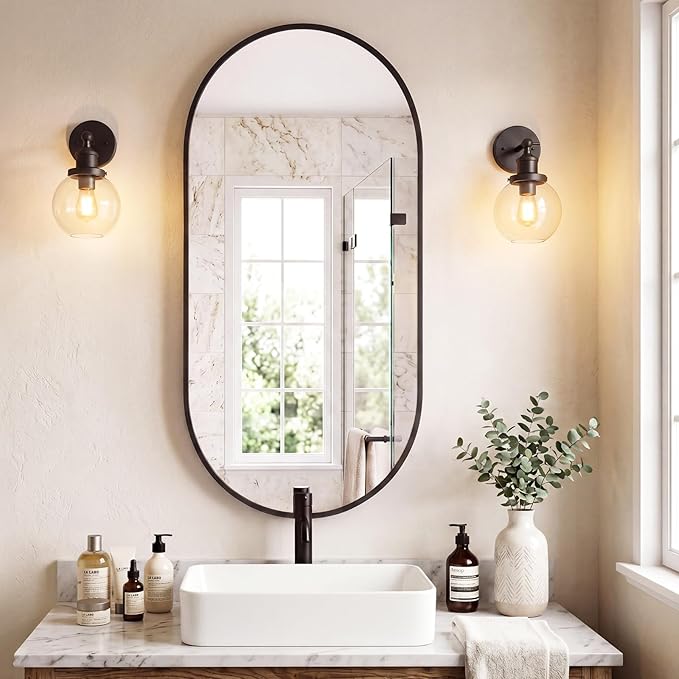 NEWBULIG 24" x 48" Oval Bathroom Mirror, Black Wall Mirror with Metal Frame, Tempered Glass, Morden Vanity Mirror for Over Sink, Entryway, Living Room, Bedroom, Horizontal or Vertical