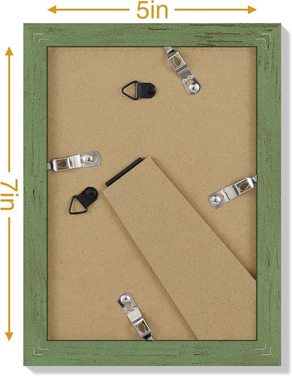 Vittanly 5x7 Picture Frames Set of 9, Display 4x6 Pictures with Mat or 5x7 without Mat, Photo Frames for Wall or Tabletop with Plexiglass, Engineered Wood, Rustic Green