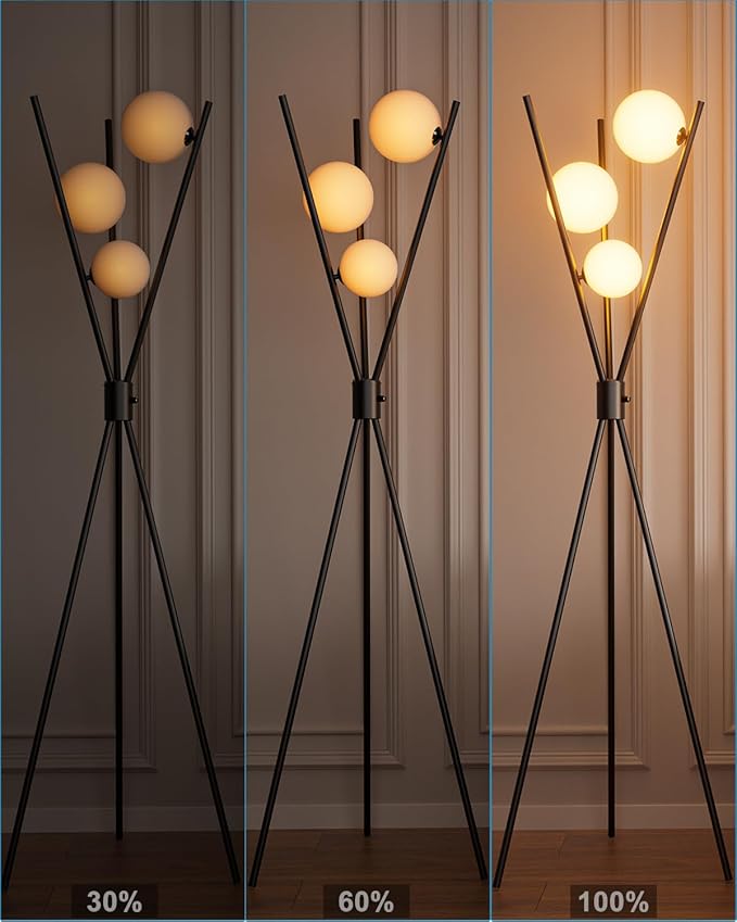 Lightdot 60IN Dimmable Black Tripod Floor Lamp Mid Century Standing Lamps with 3Pcs 3000K Bulbs Included Eye Care&Stable Base Modern Tall Lamp for Living Room/Sofa Beside/Corner Decor