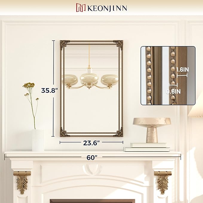 Keonjinn Vintage Mirror for Wall, 24" x 36" Antique Rectangular Gold Mirrors with Metal Frame, Baroque Style Decoration for Mantle, Bathroom, Living Room, Fireplace, Bedroom, HD Shatterproof Glass