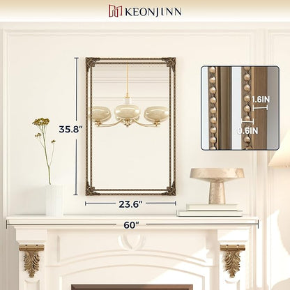 Keonjinn Vintage Mirror for Wall, 24" x 36" Antique Rectangular Gold Mirrors with Metal Frame, Baroque Style Decoration for Mantle, Bathroom, Living Room, Fireplace, Bedroom, HD Shatterproof Glass