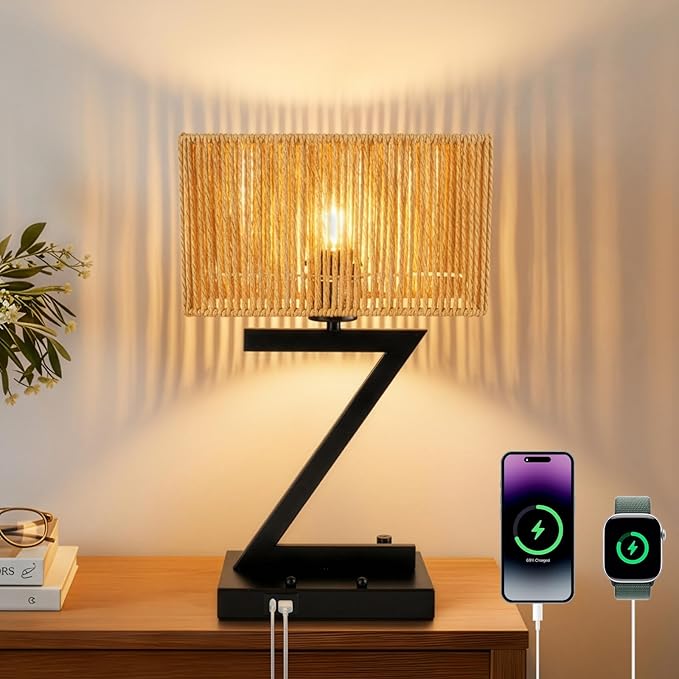 Touch Control Table Lamp, Black Z-Style : 3-Way Dimmable Desk Lamp with USB C & USB A Ports, Bedside Lamp with Phone Stand for Office, Bedroom, Living Room, Includes LED Bulb