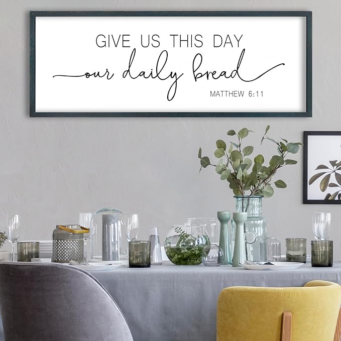 FZMHASLWW Give Us This Day Our Daily Bread Sign Wall Art 32"x12" Dining Room Kitchen Large for Matthew 6:11 Wood Framed Wall Decor (Black)