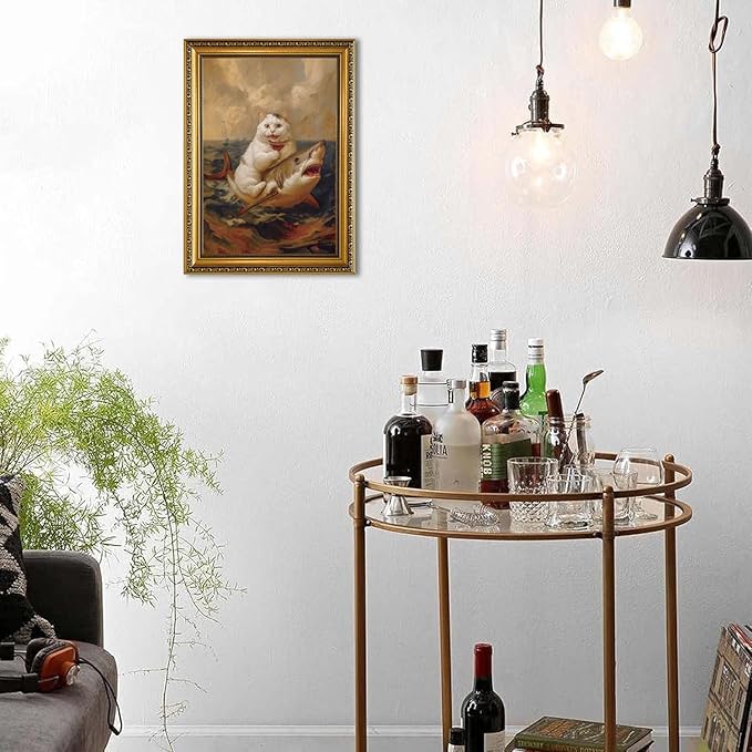 YD&YZY Gold Framed Funny Cat Bathroom Wall Art Canvas Vintage Quirky Humor Wall Decor Cat Riding Shark Martini Painting Picture Print Artwork for Bedroom Living Room Bathroom 12x16 inch Framed