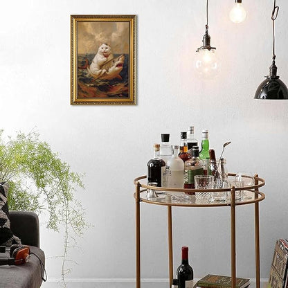 YD&YZY Gold Framed Funny Cat Bathroom Wall Art Canvas Vintage Quirky Humor Wall Decor Cat Riding Shark Martini Painting Picture Print Artwork for Bedroom Living Room Bathroom 12x16 inch Framed