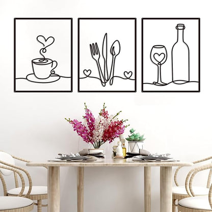 3 Pieces Metal Minimalist Line Kitchen Signs Wall Decor Drawing, Rustic Kitchen Art Wall Decor for Kitchen Dining Living Room Home, 14.2 x 11 Inches (Love)