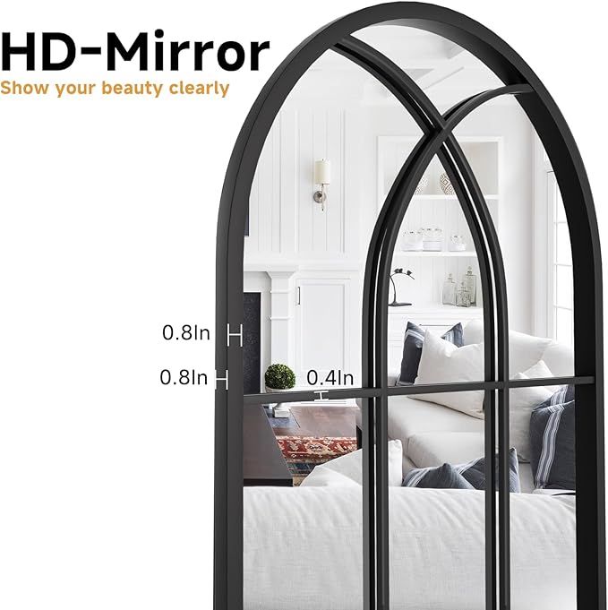 Rowjut Arched Wall Mirror 38" x 24" Window & Wall Decorative Mirrors, Iron Framed Window Pane Mirror, Arched Top Wall Mirror for Entryway Living Room, Bedroom, Fireplace (Black)