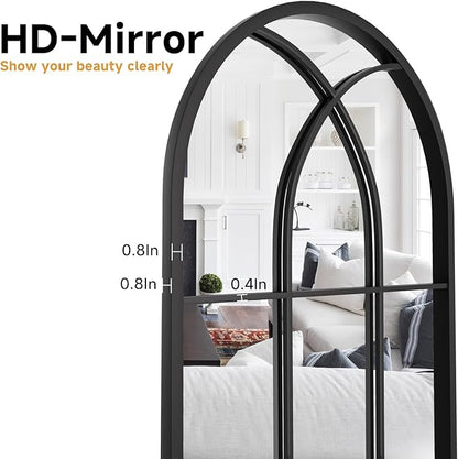 Rowjut Arched Wall Mirror 38" x 24" Window & Wall Decorative Mirrors, Iron Framed Window Pane Mirror, Arched Top Wall Mirror for Entryway Living Room, Bedroom, Fireplace (Black)