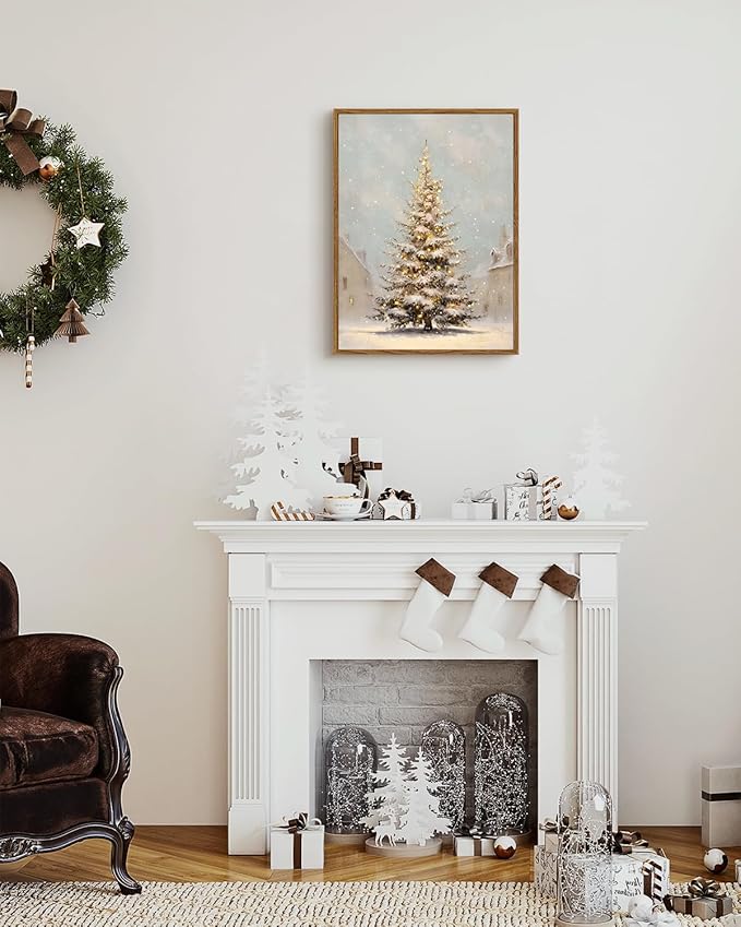 VIYYIEA Framed Canvas Christmas Tree Wall Art Pictures Home Decor Village Canvas Prints, Vintage Christmas Decorations Indoor Painting Picture, Wall Decor Gifts for Friends or Family - 16L x 12W