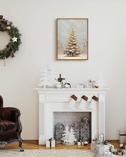 VIYYIEA Framed Canvas Christmas Tree Wall Art Pictures Home Decor Village Canvas Prints, Vintage Christmas Decorations Indoor Painting Picture, Wall Decor Gifts for Friends or Family - 16L x 12W