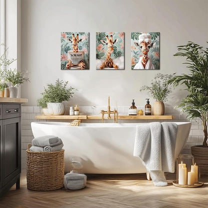 Funny Animal Bathroom Wall Art Set of 3, Cute Giraffe in Toilet Reading Newspaper Wall Decor Paintings Eclectic Giraffe Bathroom Canvas Prints Artwork 16x24 inch Framed